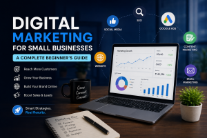 Digital marketing for small businesses guide featuring SEO, Google Ads, social media, content marketing, email marketing, and business growth analytics