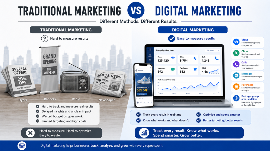 Comparison of traditional marketing and digital marketing showing flyers, banners, radio, and newspaper on the left, and trackable online marketing metrics like views, clicks, calls, and purchases on the right