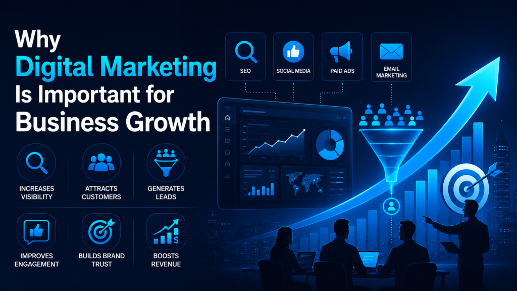 Why digital marketing is important for business growth through SEO, paid ads, social media, lead generation, analytics, and increased revenue.
